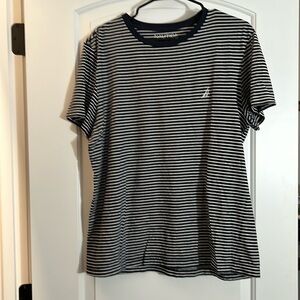 Nautica dark blue and white striped logo tee large